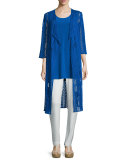 3/4-Sleeve Mix-Crochet Duster Jacket, Royal