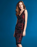 Sleeveless V-Neck Floral Sheath Dress, Red/Black