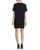 Short-Sleeve Beaded Crepe Mini Dress, Black