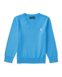 Cotton V-Neck Pullover Sweater, Blue, Size 2-4