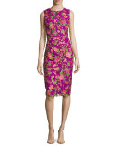 Sleeveless Floral Mesh Sheath Dress, Fuchsia