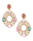 18k Yellow Gold Oval Earrings with Diamonds and Multicolor Tourmaline