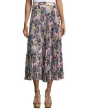 Williams Pleated Floral Midi Skirt, Blue/Mustard