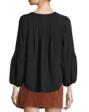 Ezbeth Silk Georgette Peasant Top, Caviar