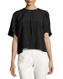 Short-Sleeve Draped-Front Top, Black