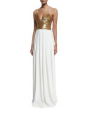 Sequined Sleeveless V-Neck Gown, Gold/Ecru