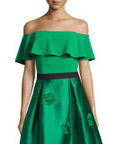 Off-the-Shoulder Crepe Popover Top, Emerald