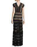 Antoinette V-Neck Lace Gown, Black/Nude