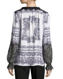 Myrina Lace-Trimmed Printed Silk Blouse, White Multi