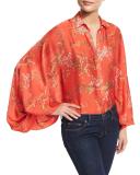 Nicolette Blooming Batwing-Sleeve Blouse, Red