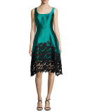 Sleeveless Structured Satin Lace-Trim Dress, Teal