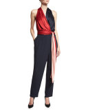 Satin Wrap Jumpsuit, Navy/Red/Pink