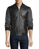 Reversible Leather Bomber Jacket W/Plaid Sleeves, Black