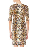 Cheetah-Print Half-Sleeve Sheath Dress, Black/Camel