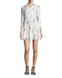 3/4-Sleeve Framed-Floral Shirtdress, Latte