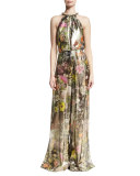 Floral Metallic Lamé Sleeveless Jumpsuit, Multi