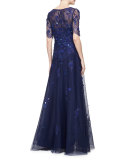 Short-Sleeve V-Neck Beaded Gown, Royal