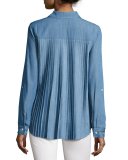Kris Denim Accordion-Pleated Shirt, Blue
