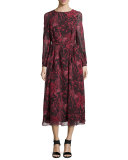 Aby Floral-Print Silk V-Back Midi Dress, Black/Red