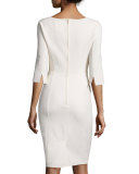 3/4-Sleeve Round-Neck Sheath Dress, White