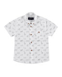 Short-Sleeve Jungle Animal Poplin Shirt, White, Size 3-7