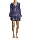 Nola Long-Sleeve Split-Neck Embroidered Minidress, Slate