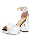 Elie Striped Ankle-Wrap Sandal, Silver