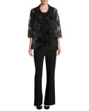 3/4-Sleeve Leather Leaf Mesh Jacket, Black