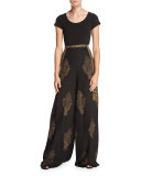 Fernweh Silk Paisley Wide-Leg Pants, Black