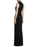 Sleeveless Satin & Crepe Column Gown, Black