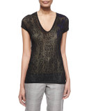 V-Neck Cap-Sleeve Lace Top, Black