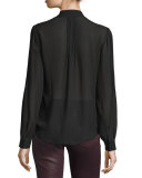 Lupita Tie-Neck Pintuck Silk Blouse, Black
