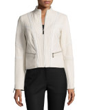 Classic Leather Jacket W/Zip Pockets, Beige 