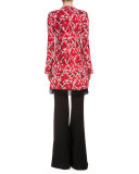 Long-Sleeve Intarsia Split-Hem Tunic, Red/Combo