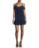 Stellara Cold-Shoulder Flounce Silk Mini Dress, Blue