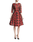 Floral 3/4-Sleeve A-Line Dress, Poppy/Black