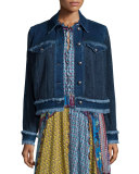 Paisley Denim Jacket W/Fringe Trim, Navy