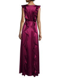 Sleeveless Satin Ruffle Gown, Wineberry