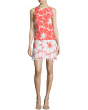 Sleeveless Colorblock Floral-Print Dress, Coral