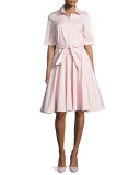 Belted Stretch Poplin Shirtdress, Pink