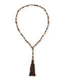 Agate Beaded Necklace with Leather Tassel, Brown