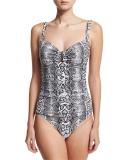 Snake Charmer Shirred One-Piece Swimsuit, Multicolor 