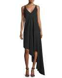 Sleeveless Asymmetric Stretch-Cady Dress, Black