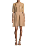 Stretch-Wool Bell-Skirt Dress, Suntan
