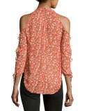 Flynn Cold-Shoulder Floral Silk Blouse, Red