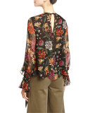 Monarch Wildflower-Print Long-Sleeve Silk Top, Multicolor