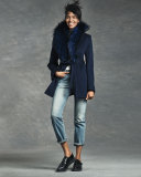 Short Wool Wrap Coat w/ Fox Fur, Midnight