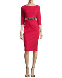 Half-Sleeve Belted Sheath Dress, Lacquer