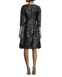 3/4-Sleeve Metallic-Print Cocktail Dress, Black