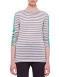 Long-Sleeve Striped Colorblock Sweater, Silver/Gray/Spearmint